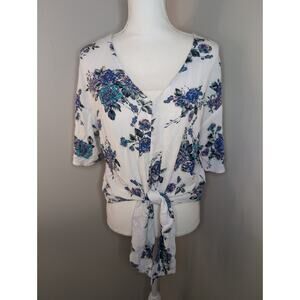 LUQ floral tie front crop top shirt sz lg